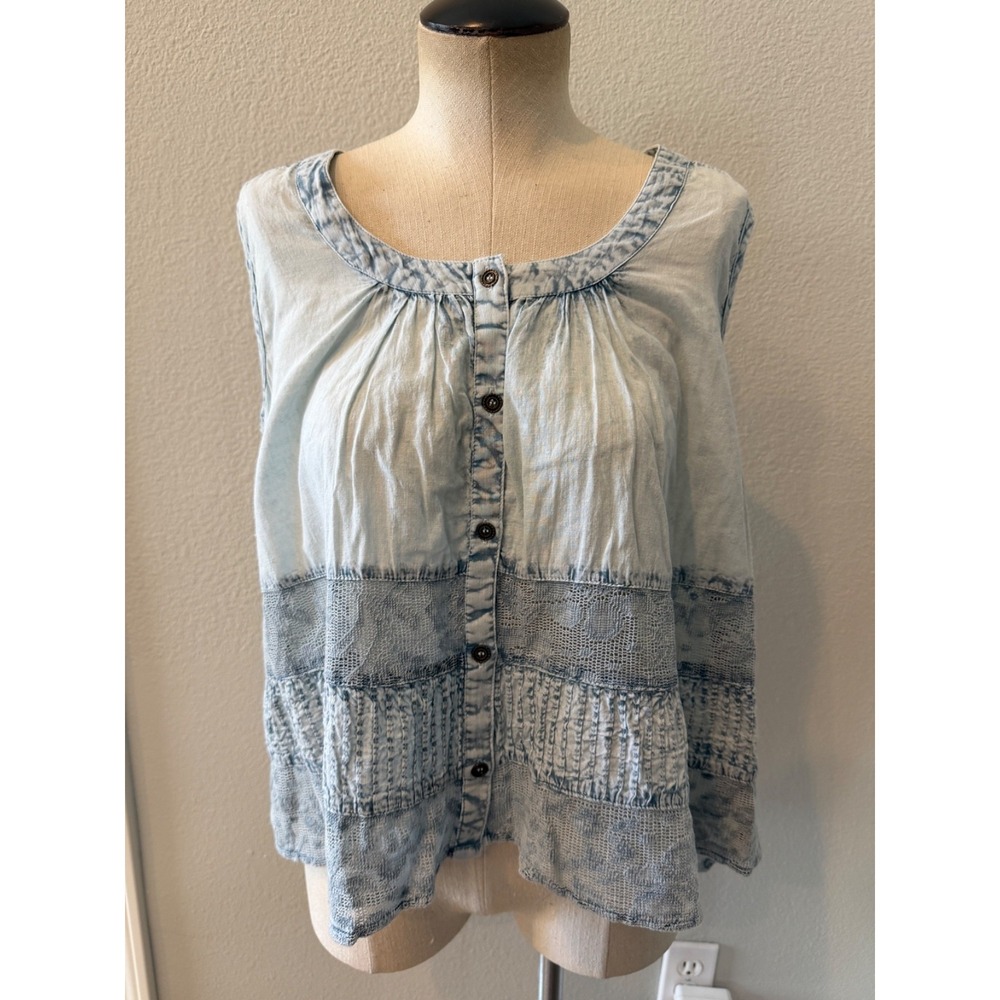 Rachel Zoe Womens S Blue Acid Wash Embroidered Lace Button Front Boho Blouse